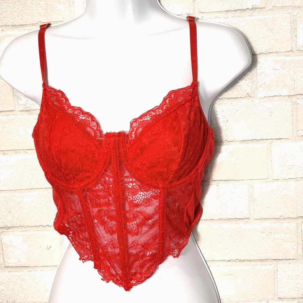 Red Lace Boned Corset Top Medium (6) Sheer Bustier Y2K Coquette‎ Vamp Cosplay
